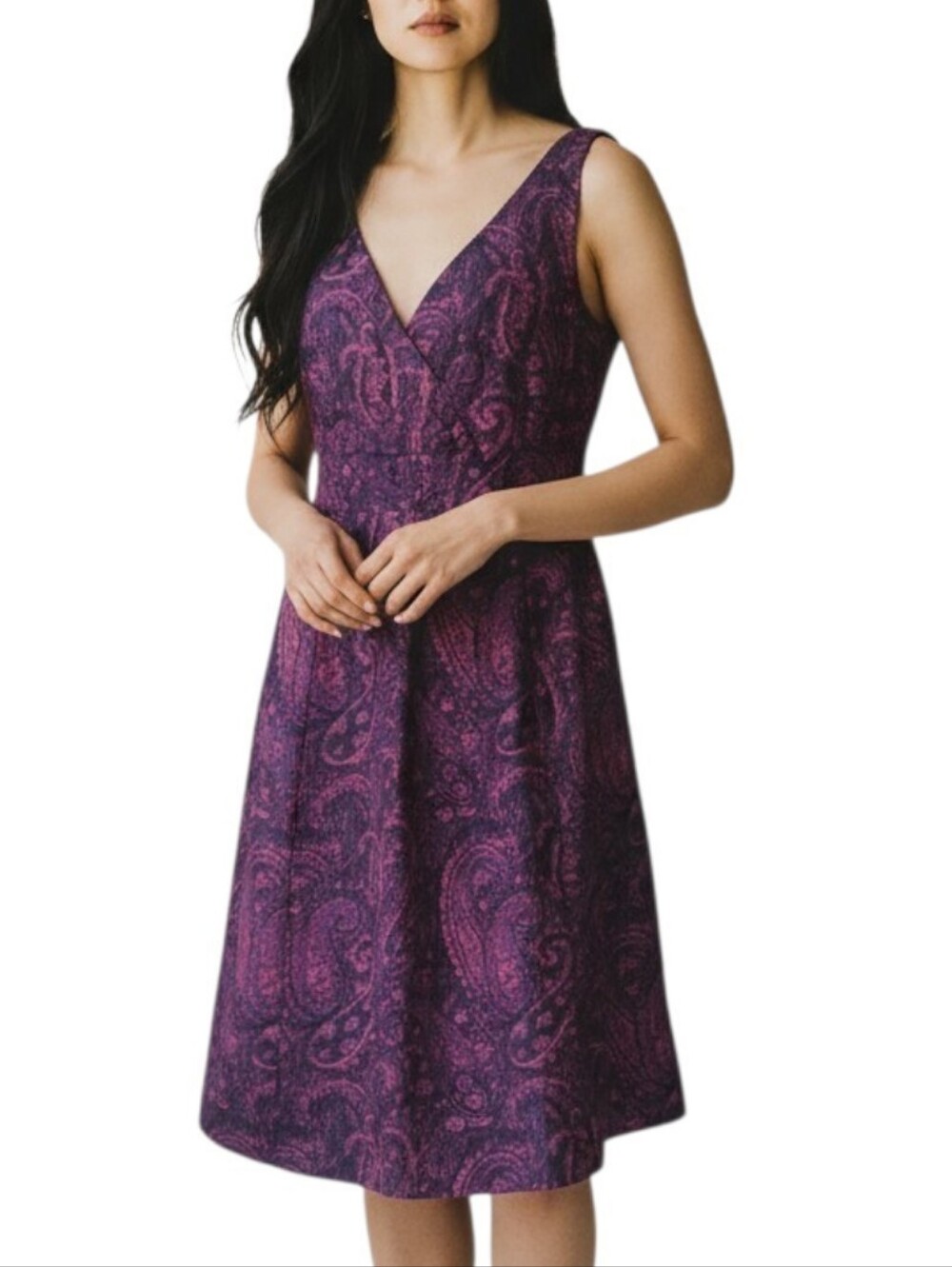Lands' End Purple Paisley V-Neck Sleeveless A-Line Dress Cotton Silk Blend 6
